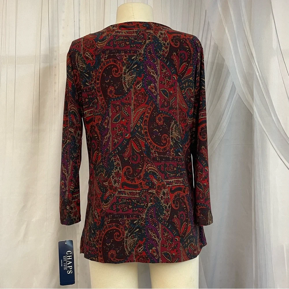 Chaps Multicolor Paisley V-Neck Blouse Vibrant Design Office Business Top Tunic - Picture 4 of 8